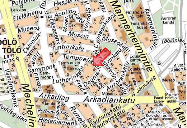 Kartta liikkeen sijainnista Temppelikadulla Etu-Töölössä, Helsingissä